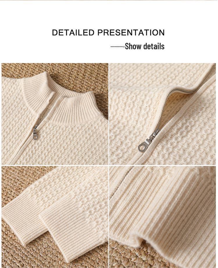 Men's 100% Pure Wool Thickened Half-High Collar Zipper Cardigan Sweater for Autumn/Winter