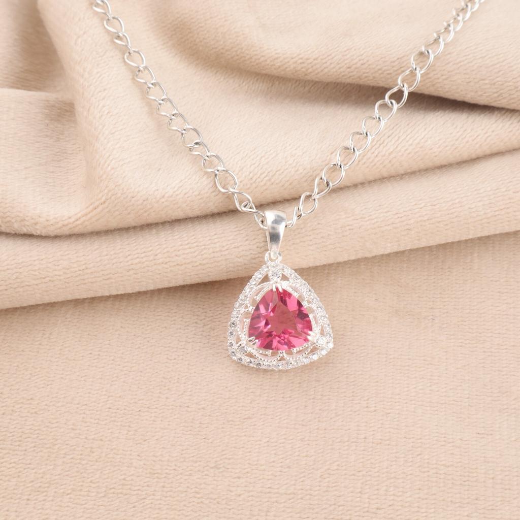 Pink Tourmaline Gemstone 925 Solid Silver Jewelry Zircon Pendant 0.99" For Gift CZP-8-9