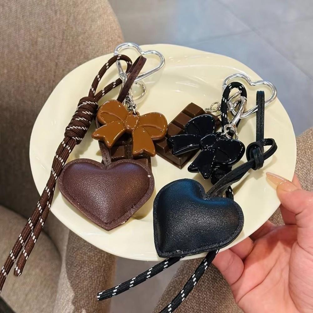 Acrylic Chocolate Ornament Heart Leather Keychain Bag Braided Cord Bow Design Backpack Pendant Tassel Love Heart Lanyard