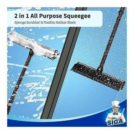 MR.SIGA Professional Car Window Cleaning Squeegee for Bathroom Glass Wall Cleaning with Handle, 2 in 1 Window Cleaning Squeegee Window Cleaning