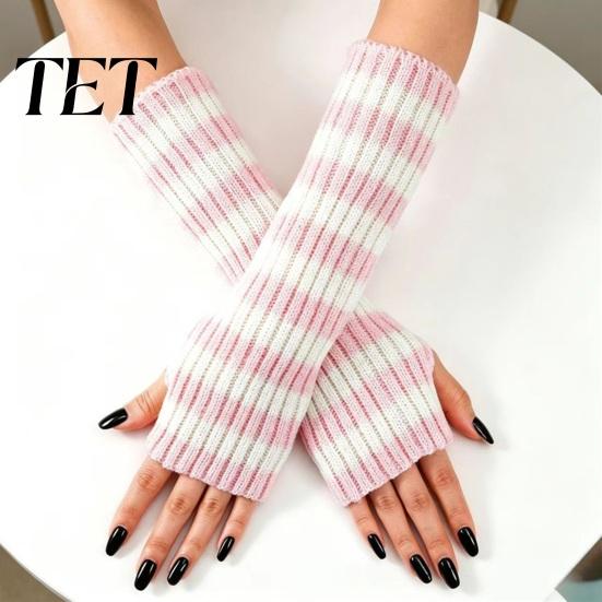 Stylish Half Finger Gloves Striped Knitted Arm Warmers for Women, Fingerless Sleeves, Soft Winter Daily Commuting Gear Thermal Wrist Autumn