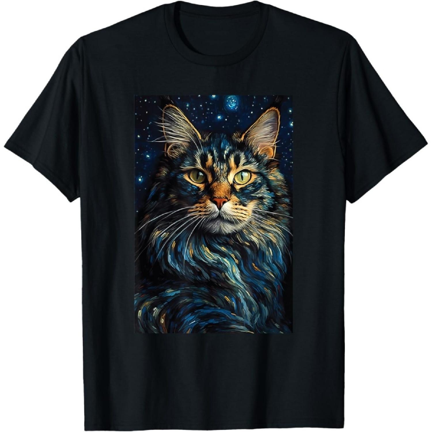 Maine Coon cat painting kitten Van Gogh art Starry Night sky Men Women Girls Kids T-Shirt S