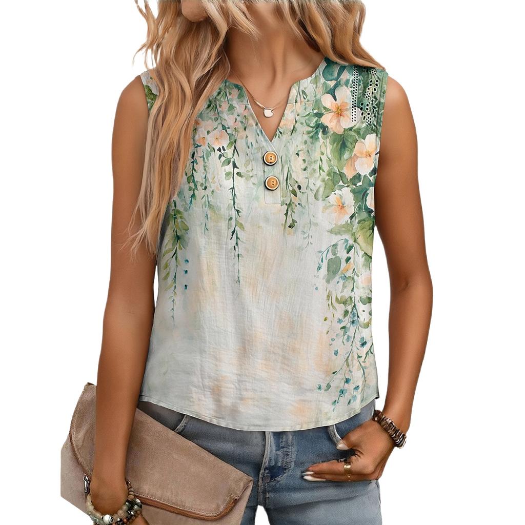 Women's Casual, Loose-Fitting, Printed, Sleeveless Linen Blouse