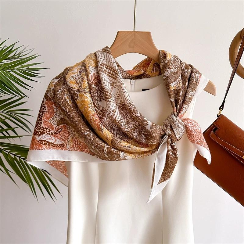 90x90cm Vintage Floral Print Square Scarf For Women Small Shawl Imitation Silk Female Square Head Scarves