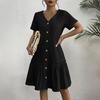 Women's Summer Cotton Linen Midi Dress Casual Short Sleeve V-Neck Button Down Dress Flowy Ruffled A-Line Beach Sundress