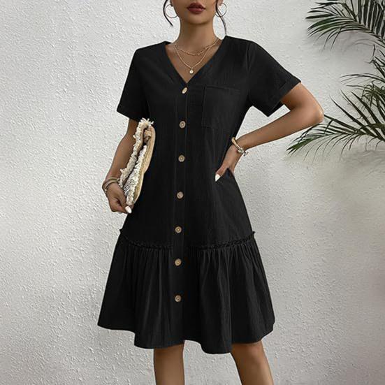 Women's Summer Cotton Linen Midi Dress Casual Short Sleeve V-Neck Button Down Dress Flowy Ruffled A-Line Beach Sundress