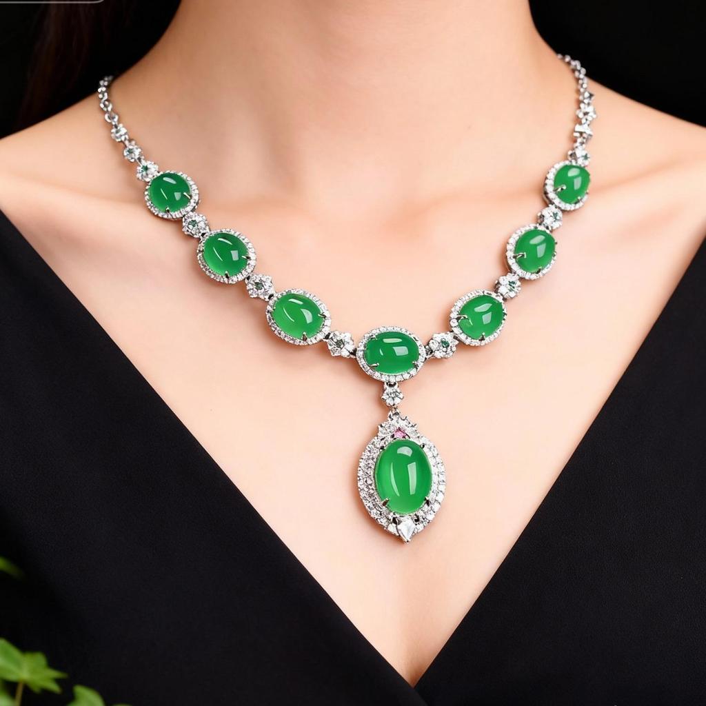 Meiji Green Chalcedony Luxury Jewelry Set: Necklace, Earrings, Ring, Bracelet