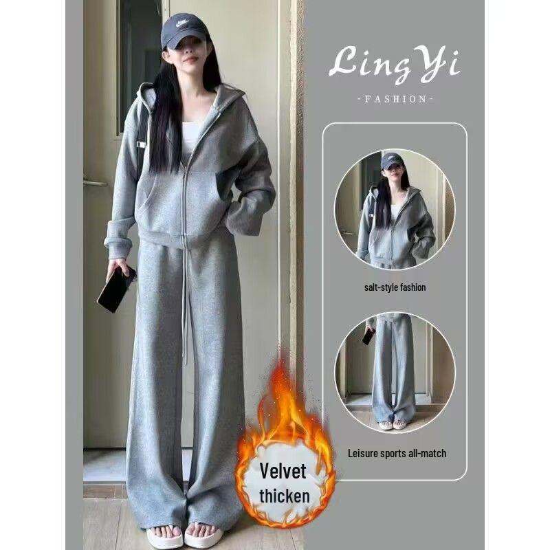 

Women s 2025 Autumn/Winter Fashion Hoodie & Thick Wide-Leg Pants Two-Piece Set L светло-серый