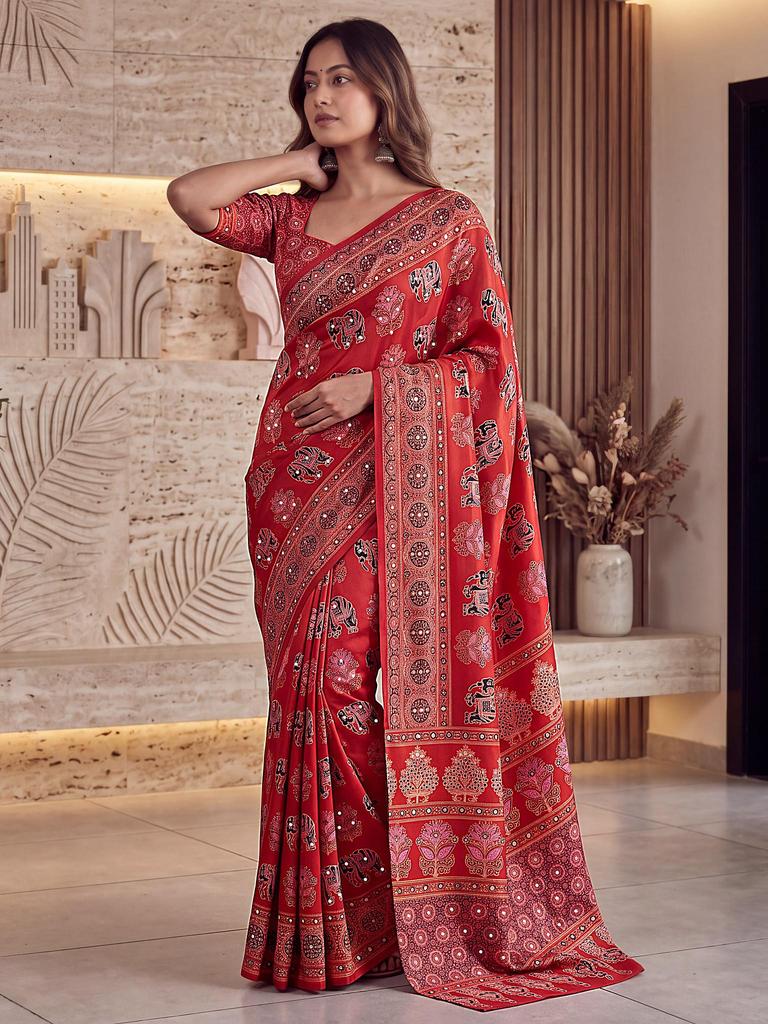 Handcrafted Ajrak Print Manipuri Silk Saree, Real Mirror Work, Traditional Party Wear