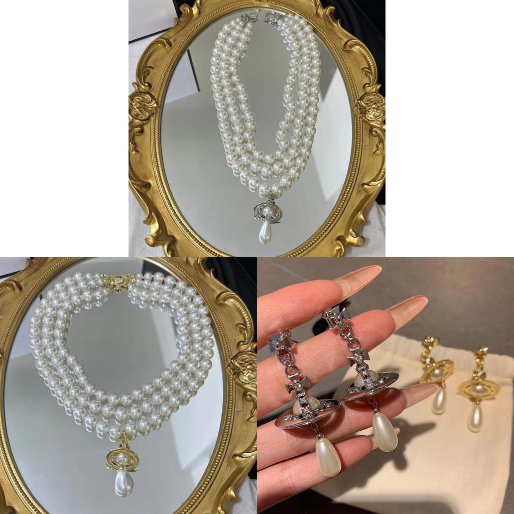 Empress Saturn Pearl Necklace With Geometric Pendant For Women