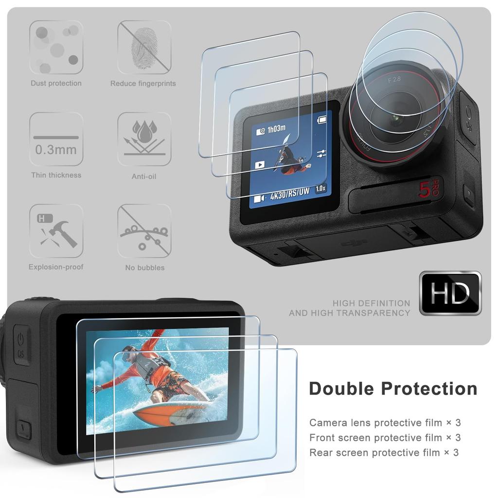 FitStill Tempered Glass Film Set for DJI Osmo Action 5 3 Screen Protectors 3 Protectors 3 Lens Protectors 1 Silicone Lens 9H and Pro + Sub-Screen + +