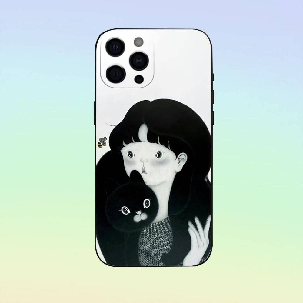 Cute Cat by Artist Park Sung-O Phone Case For iPhone 17,16,15,14,13,12,11 ,Soft Silicone Black Cover