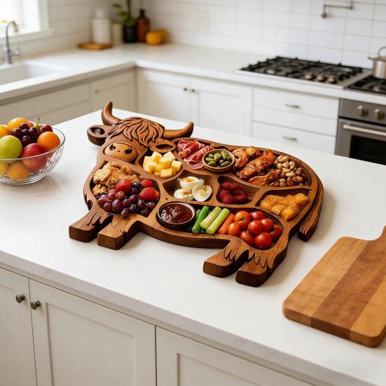 Dřevěná charcuterie deska s krávou z Vysočiny Roztomilý servírovací podnos ve tvaru krávy Rustikální farmářský talíř na jídlo s přihrádkami na sýr maso ovoce svačiny