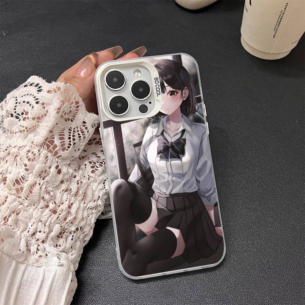 Cute Cartoon Japanese Anime Girl Colored Silver Frosted For iPhone Phone Case 17 16 15 14 13 12 11 Pro Max XR Plus Shockproof