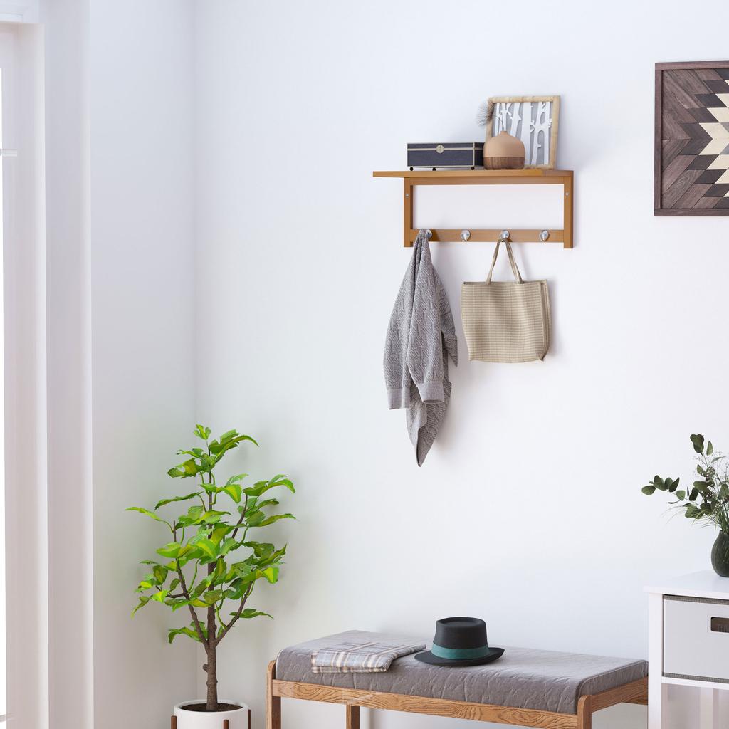Wall Coat Rack Coat Rack with Hooks Wall-Mounted Space-Saving 5 Kg Load Capacity, 50 X 16 X 17.5 Cm Natural Wood