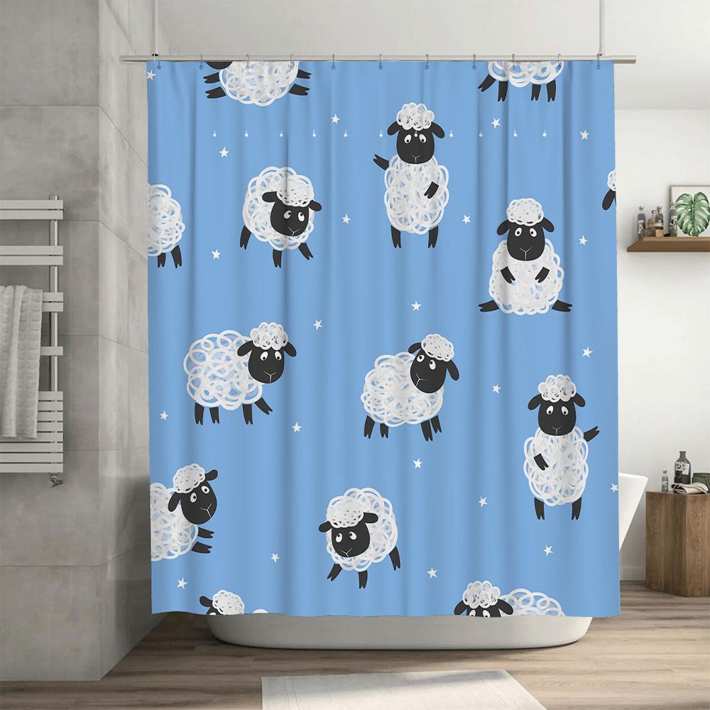 Adorable Sheep Pattern Shower Curtain Light Blue Background with White Clouds Design Perfect for Bathroom Decor Kids Bathrooms.