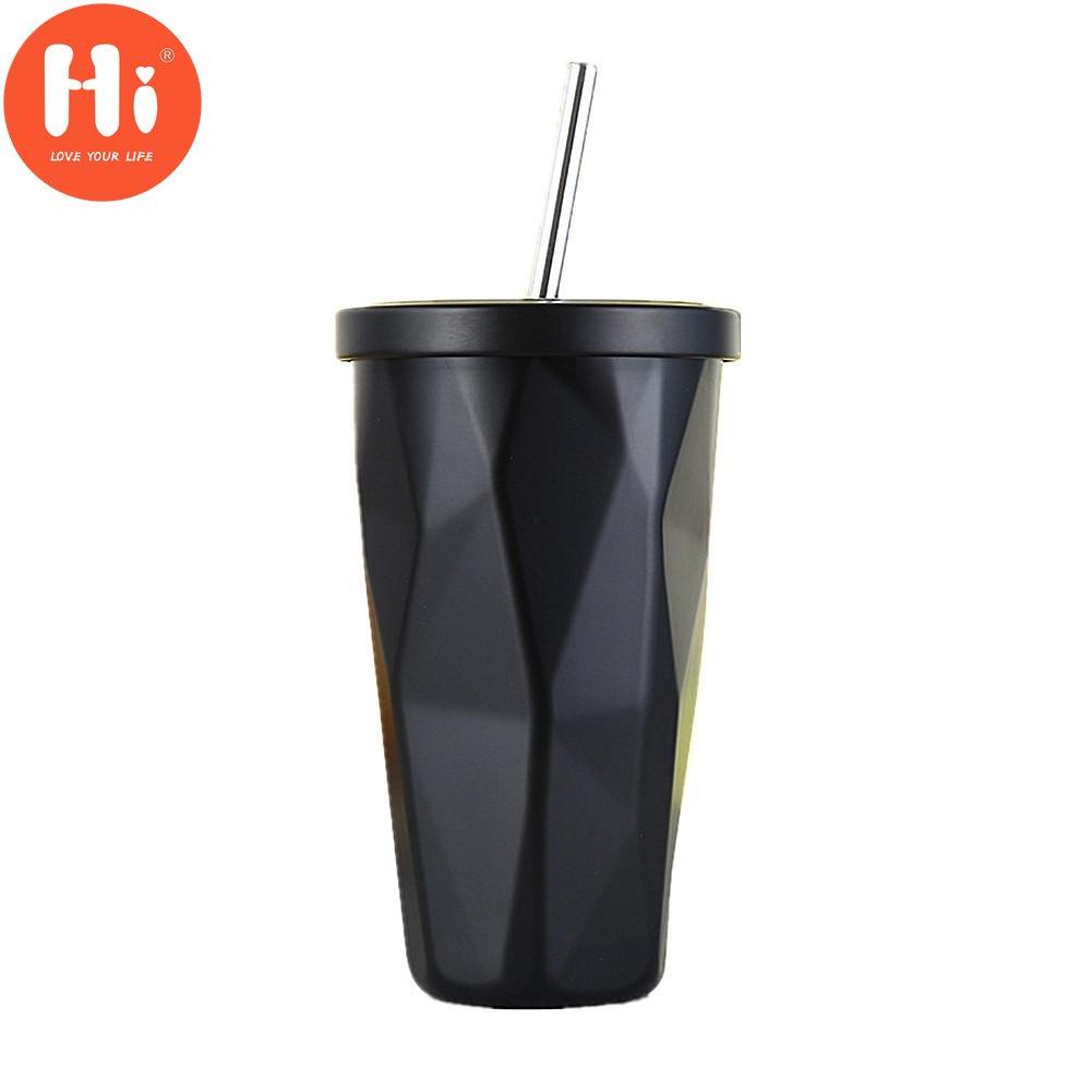 Hi Sticla de cafea din oțel inoxidabil 304 cu perete dublu de 500 ml, cu paie, ceașcă de bere rece cu pahar