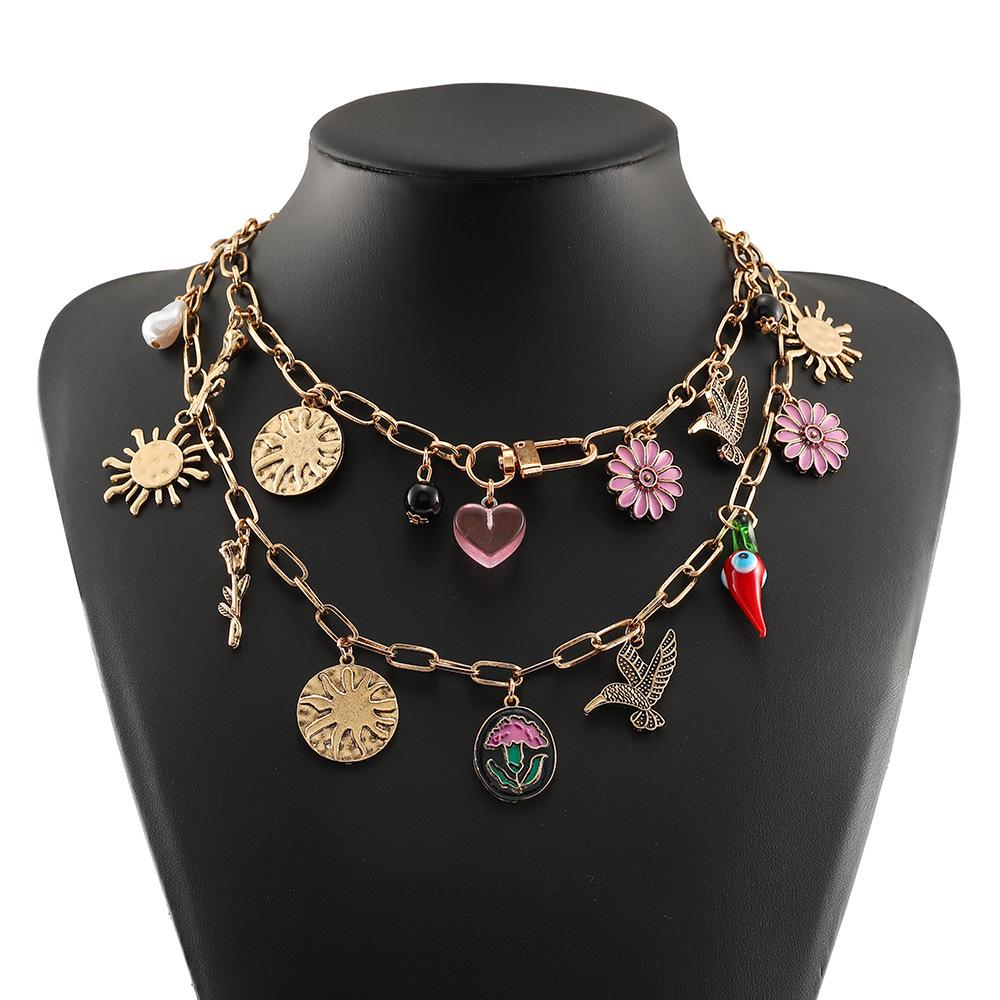 Bohemian Style Double Layer Stackable Necklace with Flying Bird, Sunflower, Flower, and Heart Pendants for Women