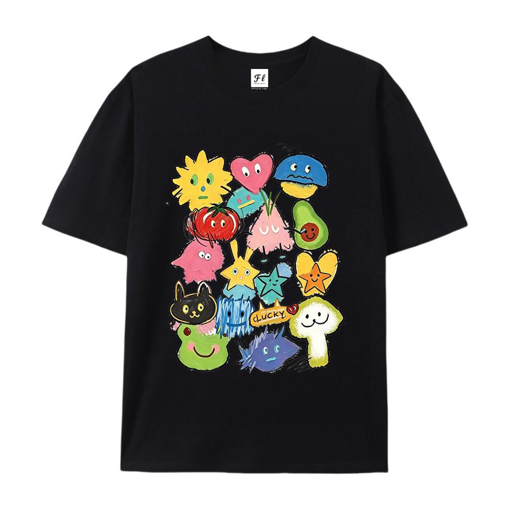 Unisex Buntes Doodle Cartoon Grafik T-Shirt Glückliches Monster Fruchtprint Oversize Dopamin Sommer Lässiges Kurzarm-T-Shirt