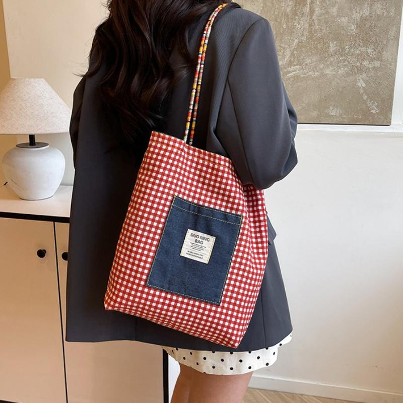 Retro Karomuster Denim Doppelseitige Schultertaschen für Damen Pendler Damen Perlenhandtaschen Tote Lässig Vielseitig Damen Unterarmtasche