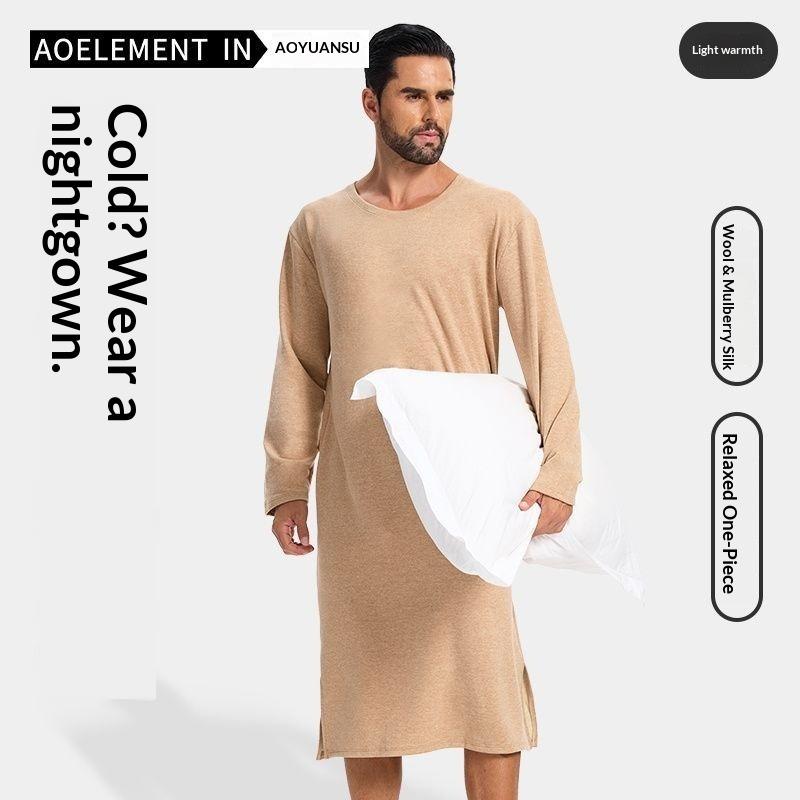 Vestaglia Lunga da Notte da Uomo a Maniche Lunghe al Ginocchio - Robe Lunga in Pile Spazzolato Double-Face, Homewear All-in-One con Miscela di Lana e Seta