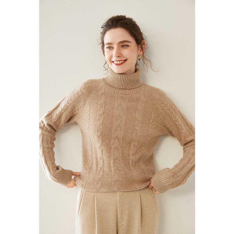 Women's Double-Strand Thick Cable Knit Cashmere Sweater - Long-Sleeved, Mid-Length, Autumn/Winter High-End Base Shirt