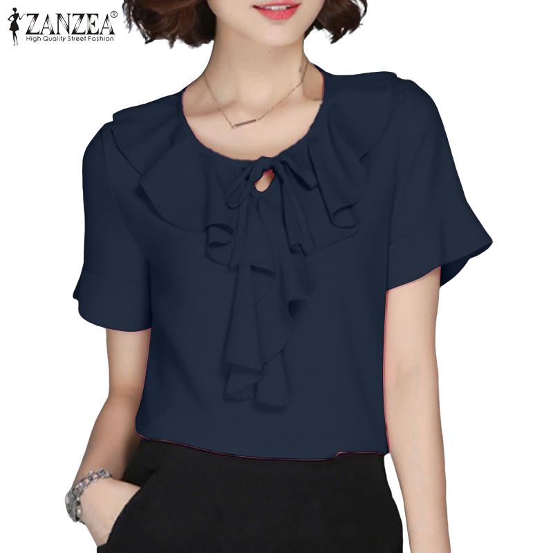 ZANZEA Women Casual Ruffles Round Neck Summer Short Sleeve Blouse