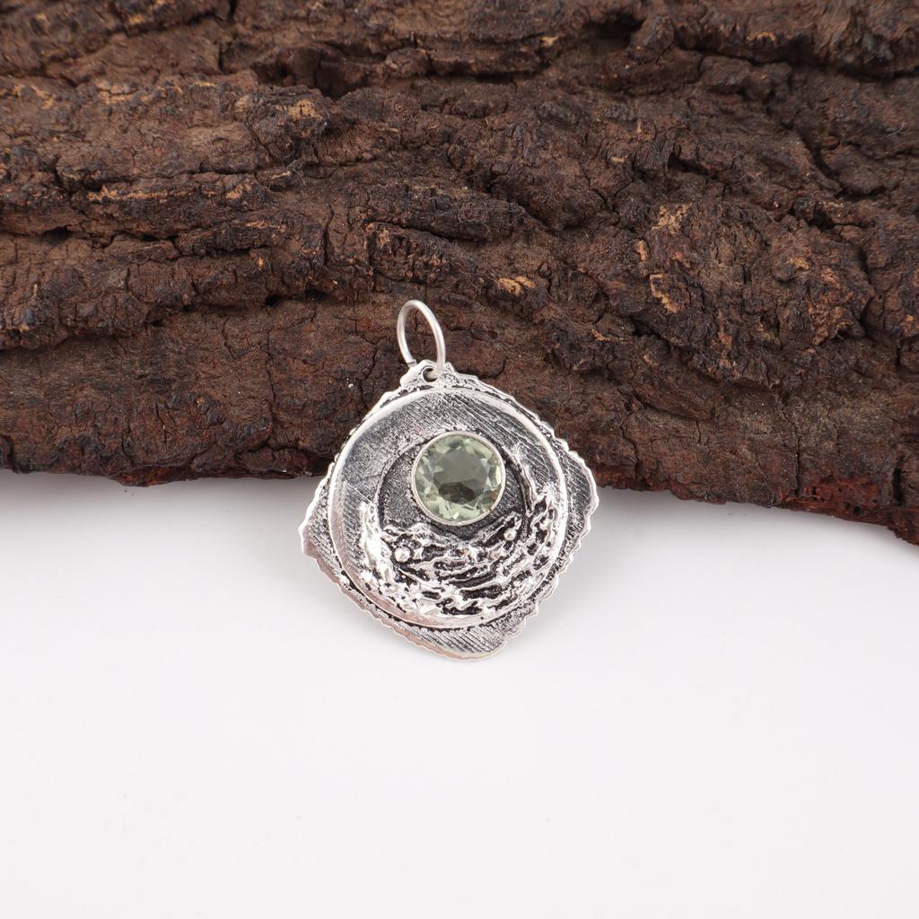 Green Amethyst Gemstone Pendant, 925 Solid Sterling Silver Pendant, Handmade Antique Jewelry, Gift For Mother Day