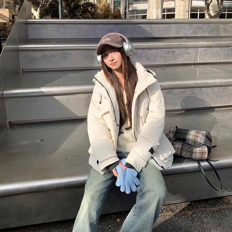 Solid color graphite stand-up collar down cotton clothes 2025 winter thickened warm puffs thin loose coat