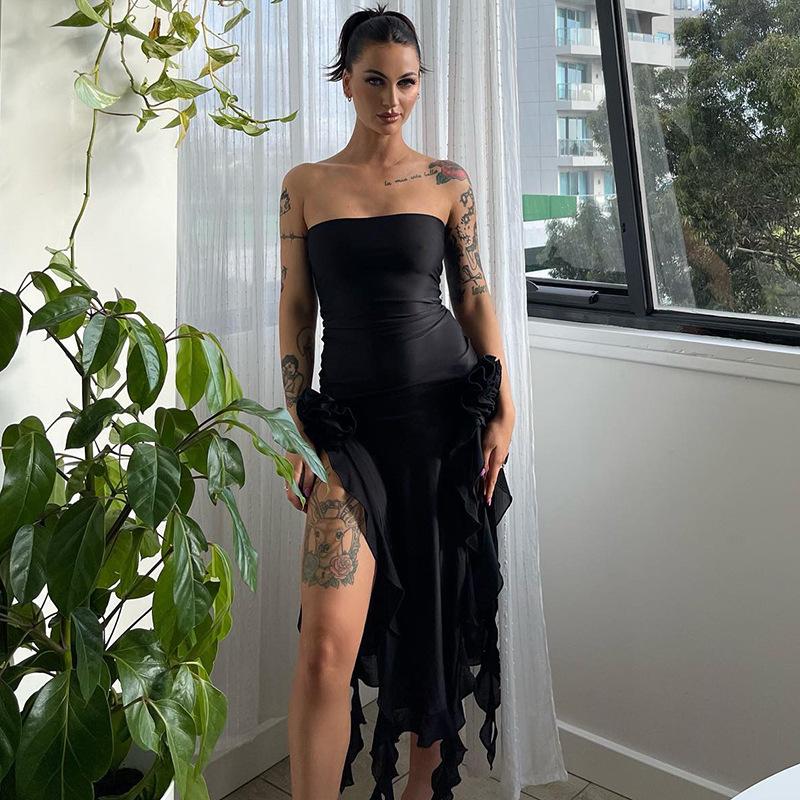 

Женское клубное вечернее платье с оборкой и подолом без рукавов с разрезом, сплошное бахрома, сексуальное платье миди без бретелек с открытой спиной L чёрный