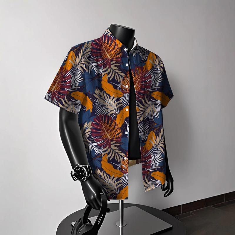 

Men Short Sleeve Button Down Shirt Tropical Leaf Print Casual Summer Beach Shirt M