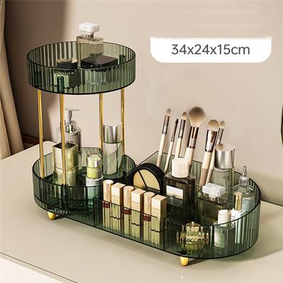 Rotating Makeup Organizer For Vanity, 2 Tier Perfume Cosmetic Skincare Organizers With Makeup Brush Holder
