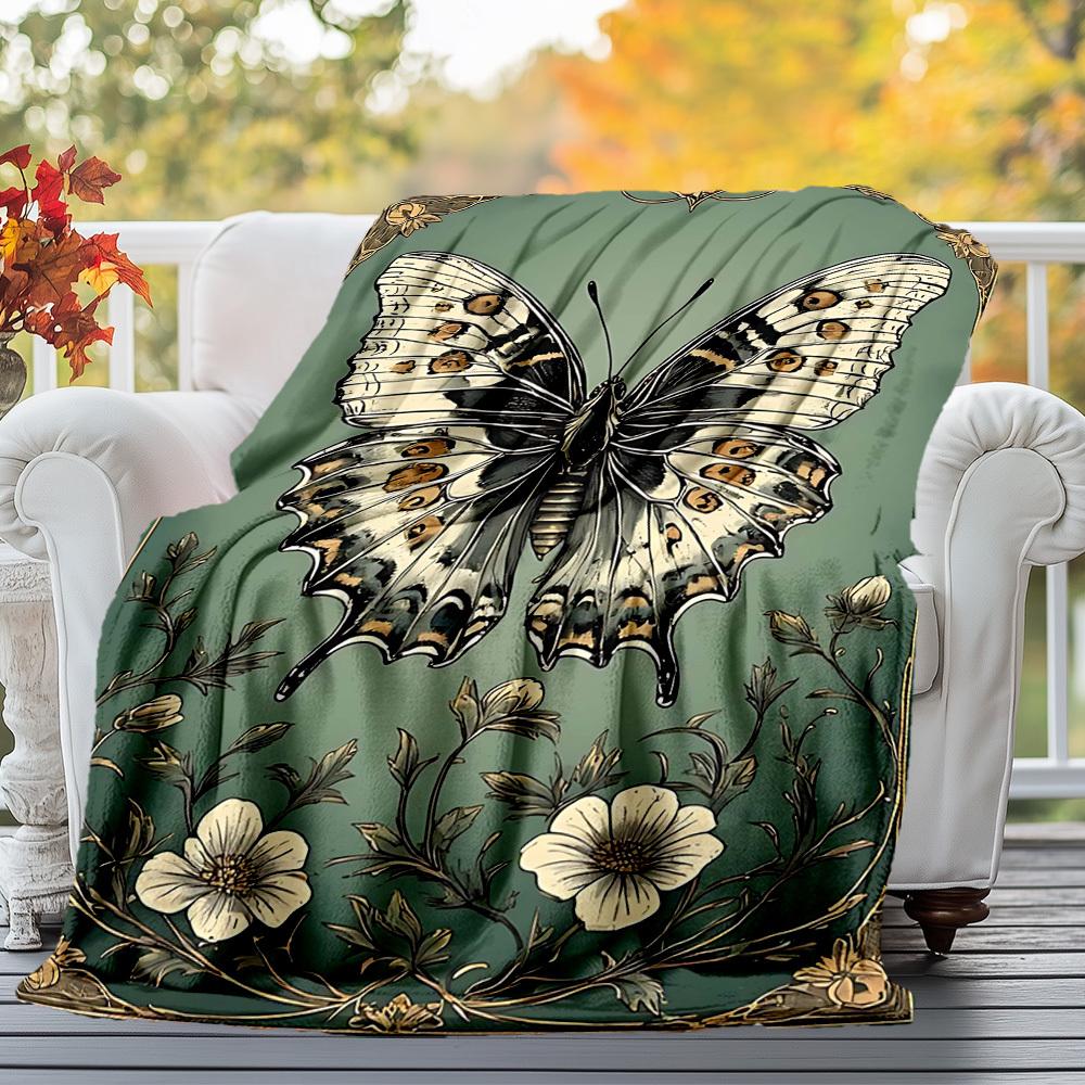 1PC Butterfly FlowersOutdoor Flannel Blanket - Soft Plush Decor for Picnics, Camping, Bedroom, Playroom, Office, or Lunch Break 1275A