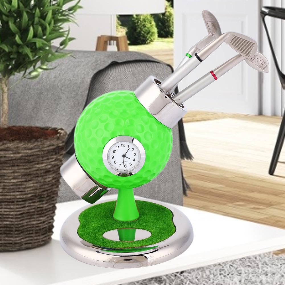 Golf Ball Shape Pen Holder Pencil Vase Desktop Set With Clock 3 Pens for Study Office(green)