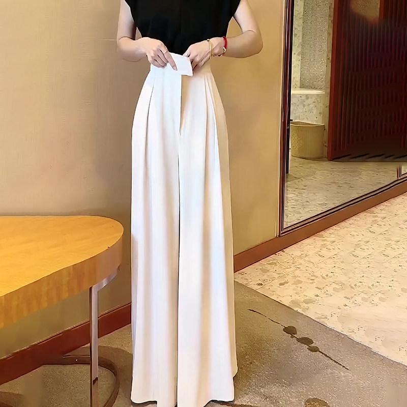 

White Pleated Wide-Leg Floor-Length Pants: Stylish, Versatile, Casual Straight-Leg Design S (80-100 lbs) белый