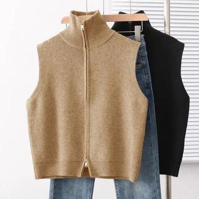 Women's Spring/Fall Turn-Down Collar Double-Zip Knit Vest Simple Casual Layering Sweater