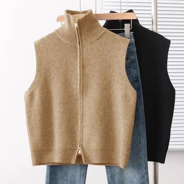 Women's Spring/Fall Turn-Down Collar Korean-Style Stand-Up Collar Double-Zip Knit Vest—Loose-Fitting, Casual, Layering Sweater