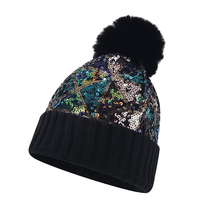 Women S Sequined Knit Hat Autumn Winter Warm Ear Protection Street Style Casual Hat