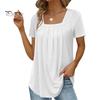 Summer Casual T-shirt Square Collar Short Sleeve Pleated Tee Shirt Solid Color Loose Fit A-Line Home Date Office Tops