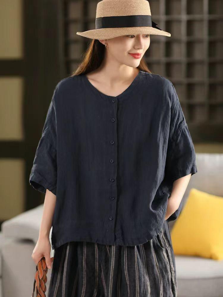 

Johnature Women Summer Shirts V-Neck Half Sleeve Tops Solid Color Button Female Loose Casual Blouses XL темно-синий