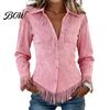 Slim Fit Fringe Blouse Women Tassel Shirt for Autumn, Button Down Regular Blouses Blouse, Solid Color Casual Long Sleeve Top, Western Cowgirl