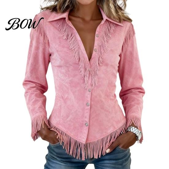 Slim Fit Fringe Blouse Women Tassel Shirt for Autumn, Button Down Regular Blouses Blouse, Solid Color Casual Long Sleeve Top, Western Cowgirl