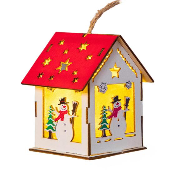 Yousheng Wooden Christmas Decor with LED Light 3D Carved Hanging Wood Star/Village House/Bell/Gift Box Ornament for Xmas Tree Decor