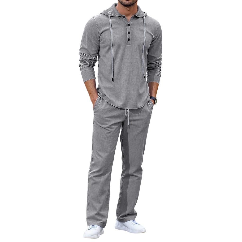 Men Fashion Leisure Hooded Hood Button Upper Garment Trousers Set
