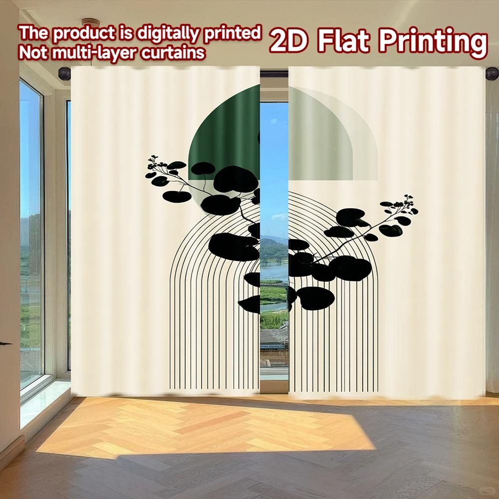 

2D FLAT PRINTING 2pcs Curtains (Without Rod) Green Leaves and Curved Lines Easter Festival Minimalist Curtains Yarn Curtains 100*130 HOOK 1pcs