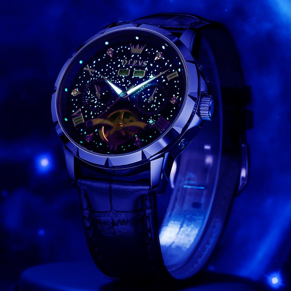 OLEVS Automatic Mechanical Watch with Leather Starry Sky Diamond Skeleton Popular Leather Date Luminous Blue Men's Strap, Dial, Design, Strap,