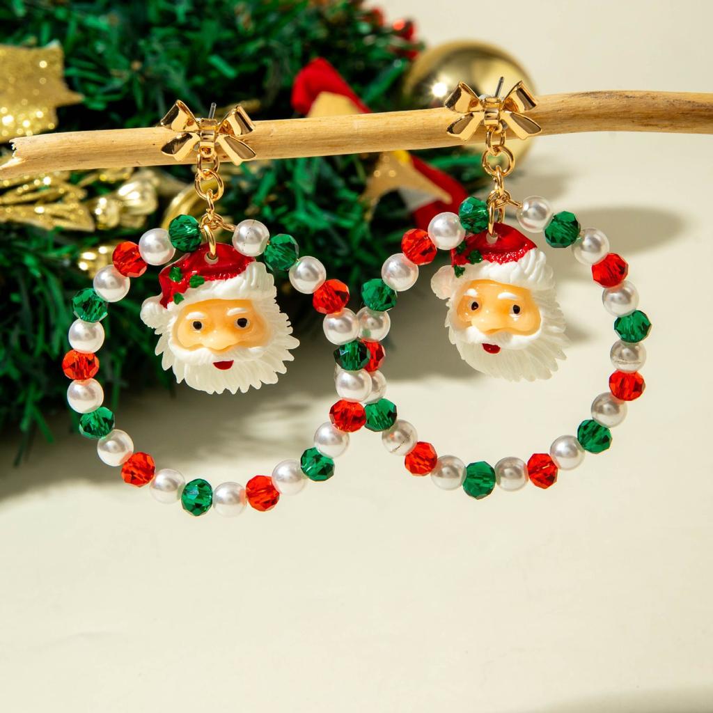 Colored Beaded Bow Hairball Earrings Creative Santa Pendant Christmas Earrings