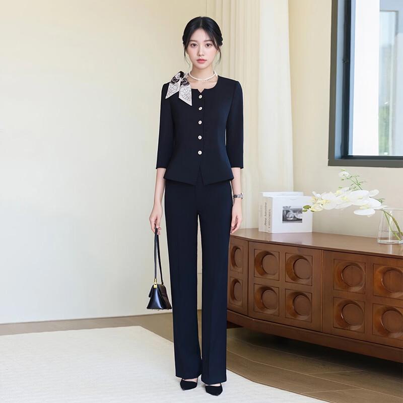Trolman Women s Navy 3/4 Sleeve Business Suit Set S
