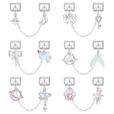 Zircon Bow Knot Moon Butterfly Star Cat Paw Tassel Chain Italian Charm Links Fit 9mm Stainless Steel Bracelet Women DIY Making