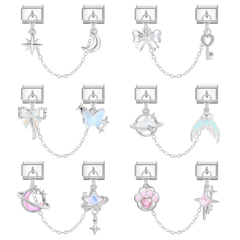 Zircon Bow Knot Moon Butterfly Star Cat Paw Tassel Chain Italian Charm Links Fit 9mm Stainless Steel Bracelet Women DIY Making